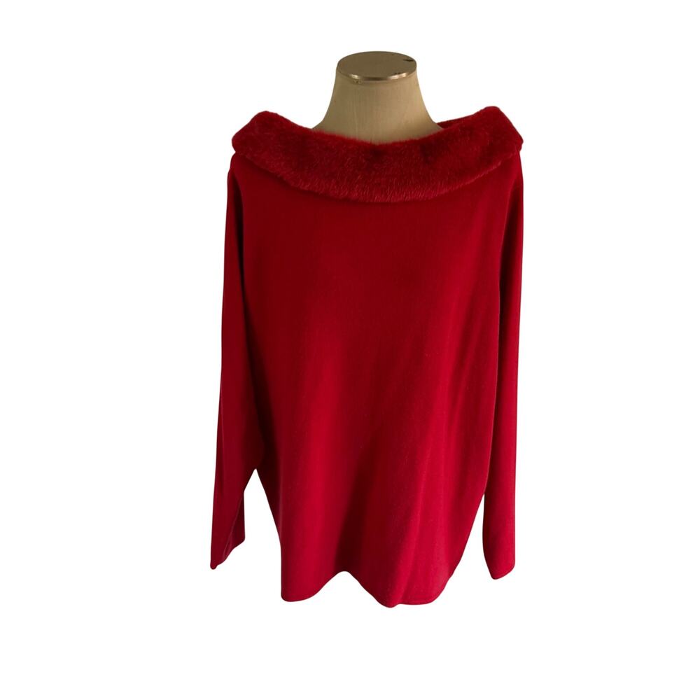 Vtg Y2K 2000s Red Fur Collar Knit Blouse Plus Size 4X Holiday Nanny Fine